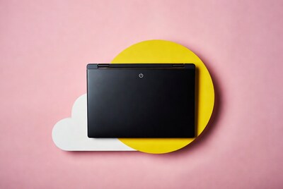 Black laptop on yellow circle and cloud