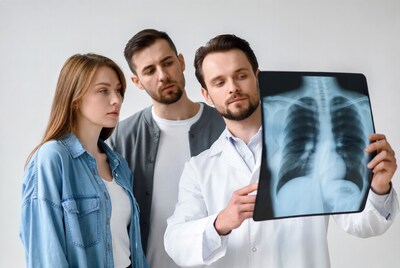 Doctor showing chest x-ray to couple