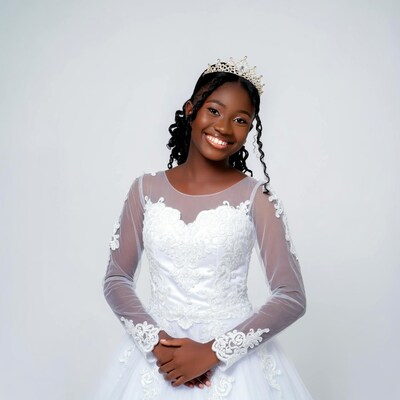 African-American girl in white lace gown with tiara