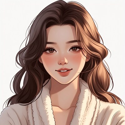 Asian woman in fluffy robe smiling