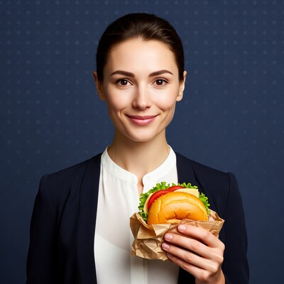 Business woman holding burger