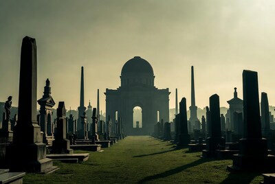 Foggy cemetery with domed mausoleum