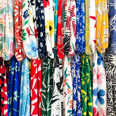 Colorful Floral Sarongs Hanging Display