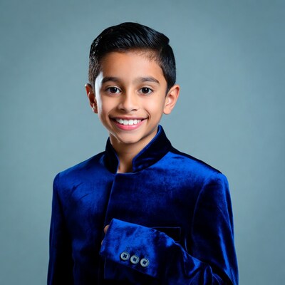 Smiling Indian boy in blue velvet sherwani