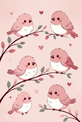 Cute Pink Birds on Branches