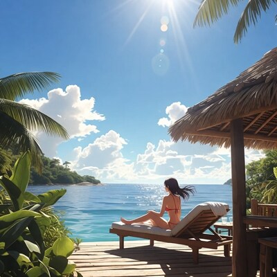 Woman in red bikini on beach lounger