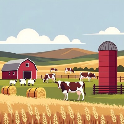 Farm with cows sheep barn silo