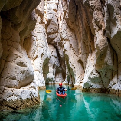 Man kayaking in narrow slot canyon