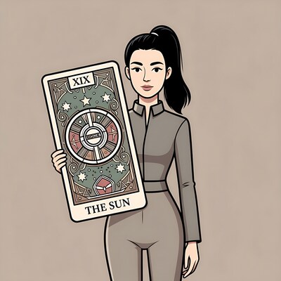 Asian woman holding The Sun tarot card
