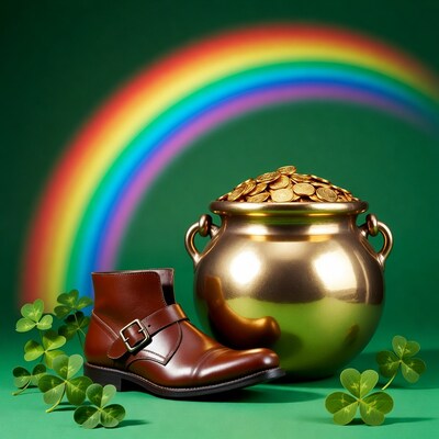 Brown boot with leprechaun pot gold rainbow