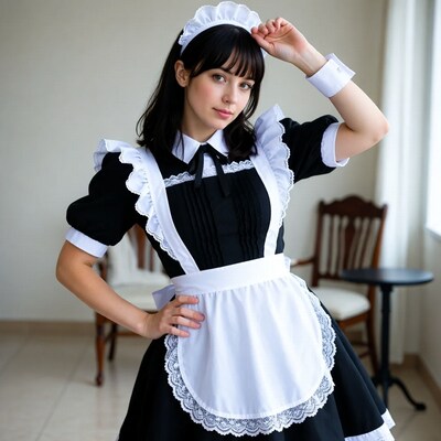 Woman in black and white maid outfit