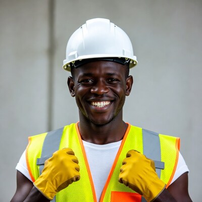 Smiling African construction worker in safety gear