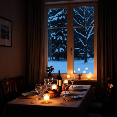 Cozy candlelit dinner table by snowy window
