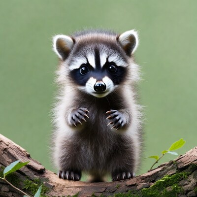 Cute baby raccoon on mossy branch