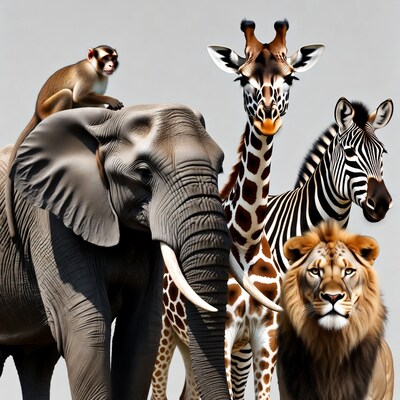 Group of Wild Animals Elephant Giraffe Lion
