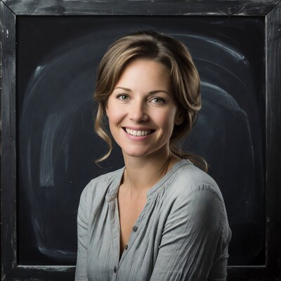 Smiling woman in front of blackboard