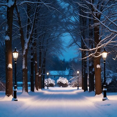 Snowy Tree-Lined Path with Lanterns