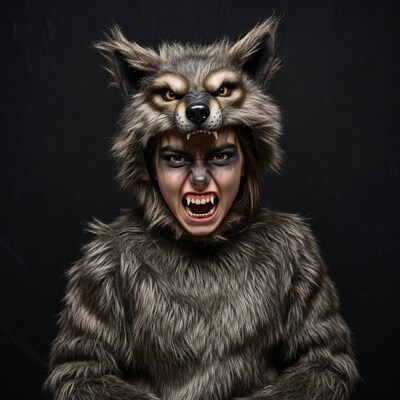 Girl in werewolf costume growling