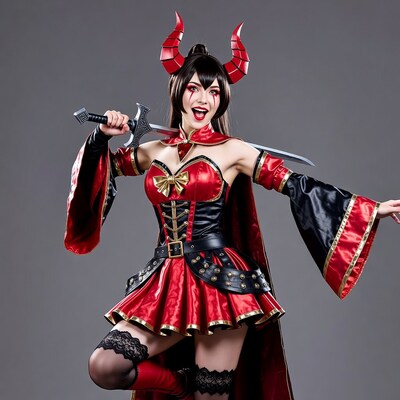 Woman in red demon cosplay with sword