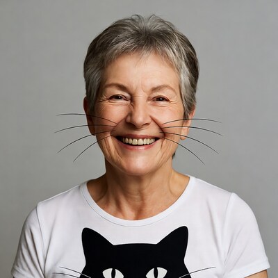 Elderly woman with cat whiskers smiling