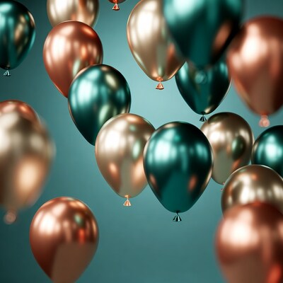Metallic teal gold copper balloons floating