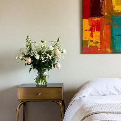 Pink Roses Bouquet on Nightstand