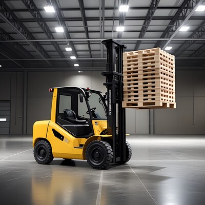 Yellow forklift lifting pallets warehouse