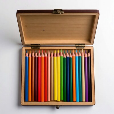 Open wooden box of colored pencils