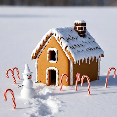 Gingerbread house with snowman and candy canes