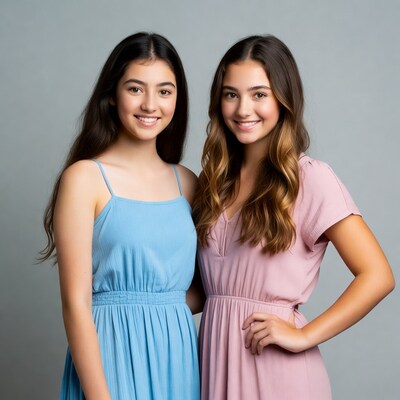 Two smiling teen girls in blue pink dresses