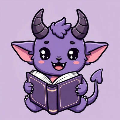 Cute purple demon reading book