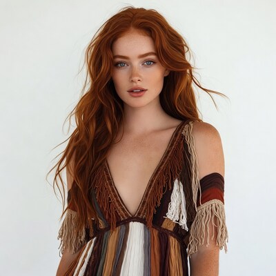 Redhead woman in fringed dress