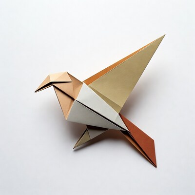 Origami bird flying on white background