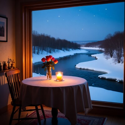 Table with roses and candle by snowy river window