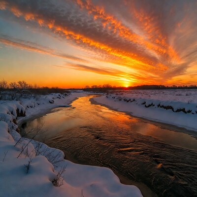 Winter River Sunset with Snowy Banks