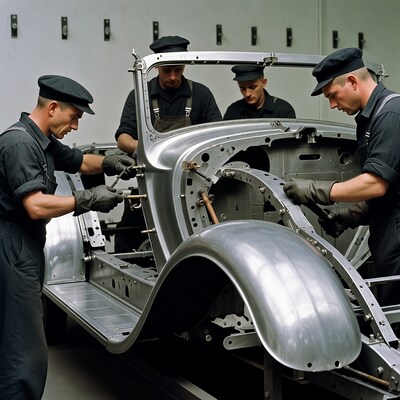 Workers assembling vintage car chassis