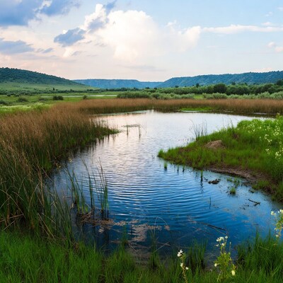 Reed-lined pond in grassy valley