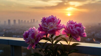Pink Peonies at Sunset Over City