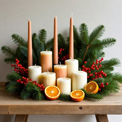 Christmas Candles with Greenery Oranges