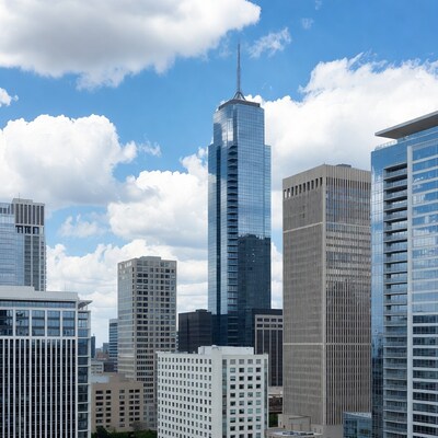 Skyscrapers in city skyline under blue sky