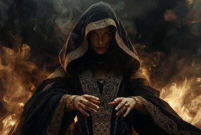 Mysterious woman in hooded robe casting spell