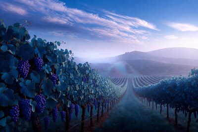 Purple grapevines in misty vineyard at dawn