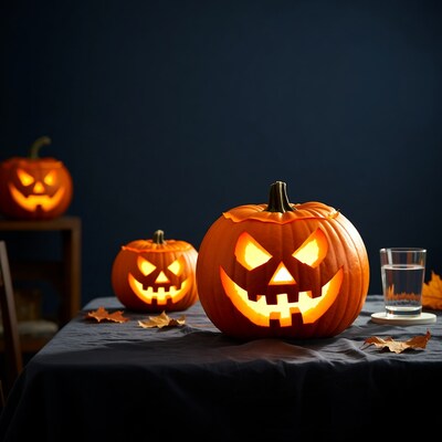 Three Jack-o-Lanterns on Dark Table
