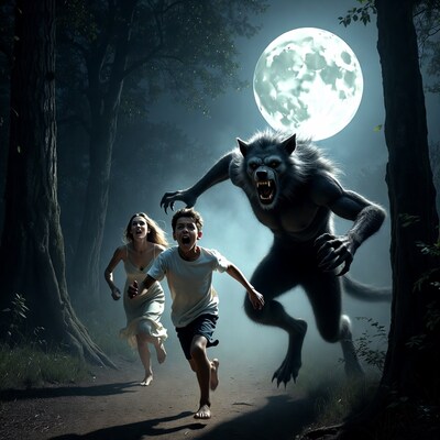 Werewolf chasing woman and boy in forest
