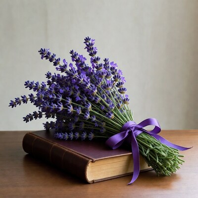 Lavender Bouquet on Leather Book