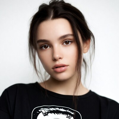 Woman with messy bun in black graphic tee