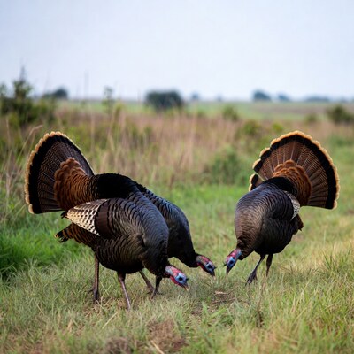 Turkeys displaying tails in field
