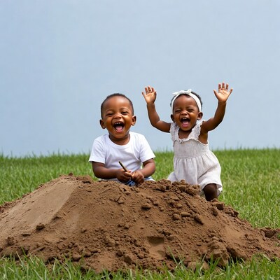 African-American boy and girl laughing by sand pile