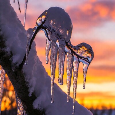 Icicles on Snowy Tree Branch at Sunset