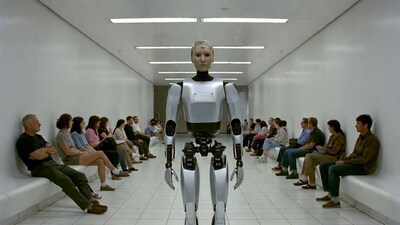 Robot standing before seated people in hallway